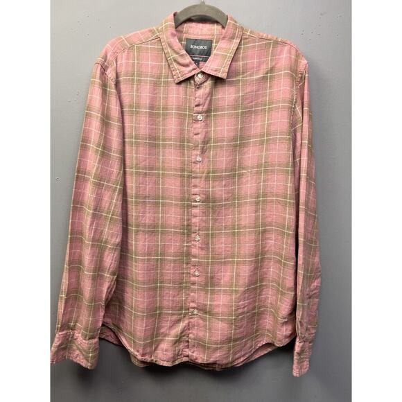 Bonobos Tailored Slim Fit Shirt Mens XL Linen Plaid Pink Tan Button Front Casual - Picture 1 of 6